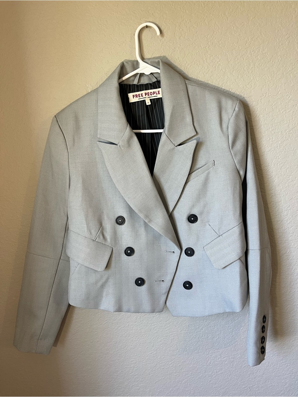 Free People Herringbone Cropped Double Breasted Blazer Jacket Gray XS